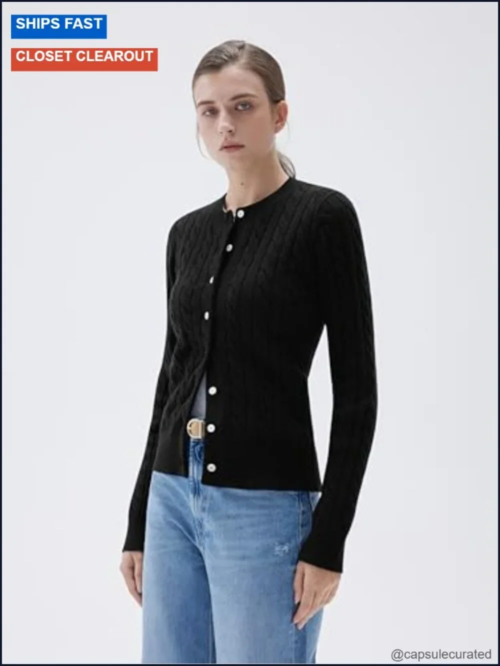 Women Cable Knit Cashmere Blend Sweaters Crew Neck Button Chunky Cardigan Long